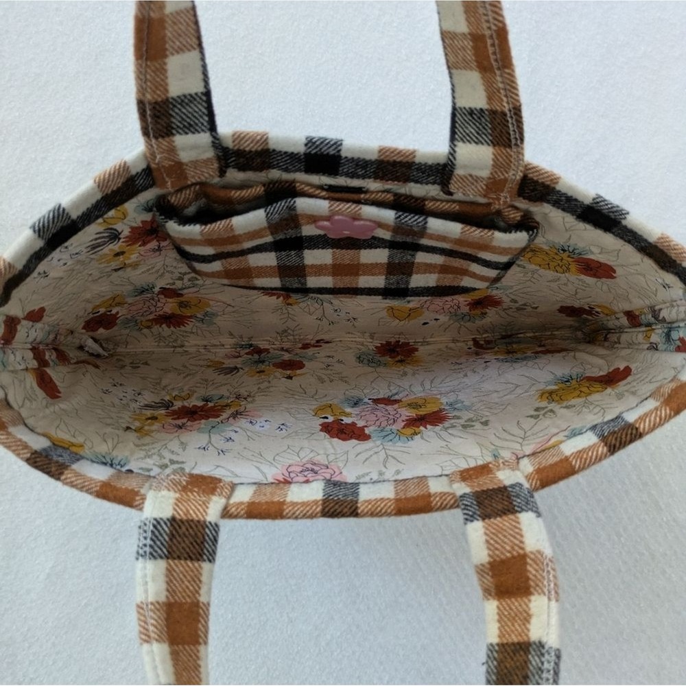 Handmade Plaid Handbag Women OS Brown Tan Handsewn Floral Lined Tote Bag